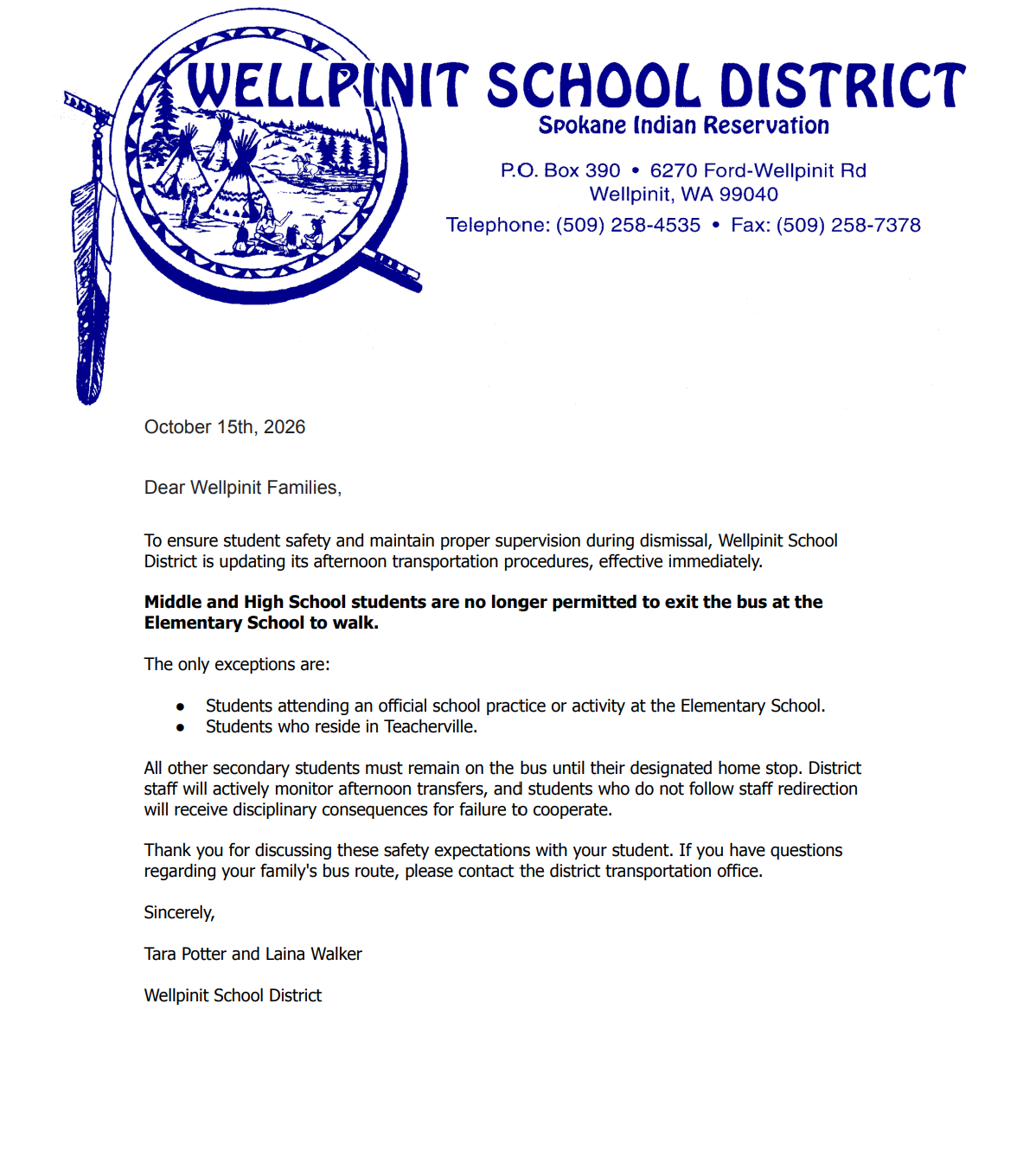 letter stating policy and exceptions
